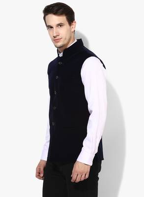 Blue Plain Velvet Nehru Jacket 2