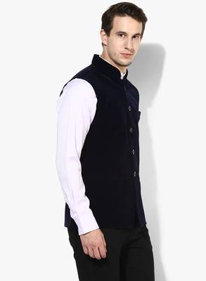 Blue Plain Velvet Nehru Jacket 3