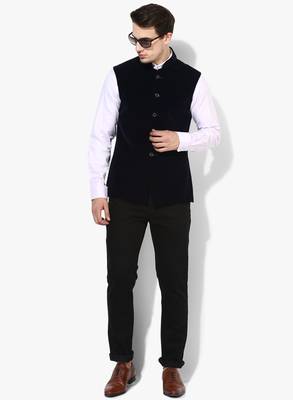 Blue Plain Velvet Nehru Jacket 4