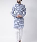 Blue Printed Cotton Stitched Kurta Pajama