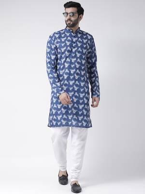Blue Printed Cotton Stitched Kurta Pajama 3