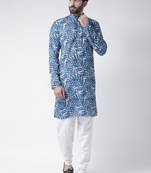 Blue Printed Cotton Stitched Kurta Pajama