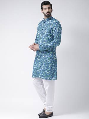 Blue Printed Cotton Stitched Kurta Pajama 2