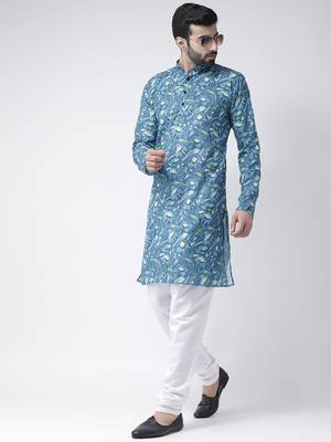 Blue Printed Cotton Stitched Kurta Pajama 3