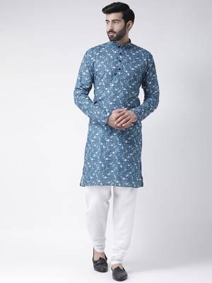 Blue Printed Cotton Stitched Kurta Pajama 1