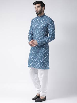 Blue Printed Cotton Stitched Kurta Pajama 2