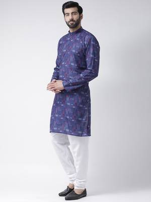 Blue Printed Cotton Stitched Kurta Pajama 2