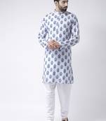 White Printed Cotton Stitched Kurta Pajama