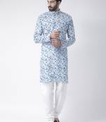 White Printed Cotton Stitched Kurta Pajama