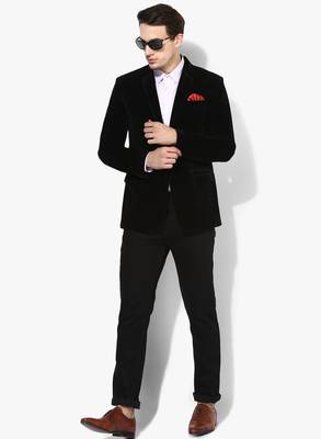 Black Plain Velvet Stitched Men Blazers 4
