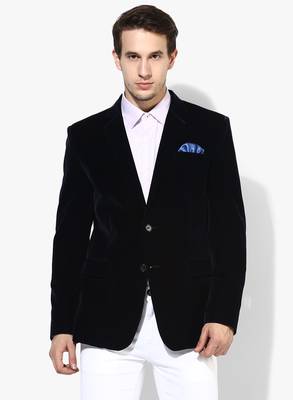 Blue Plain Velvet Stitched Men Blazers 1