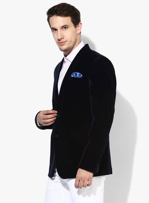 Blue Plain Velvet Stitched Men Blazers 2