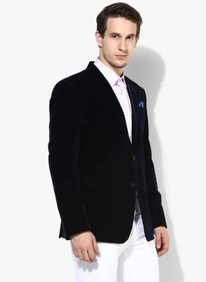 Blue Plain Velvet Stitched Men Blazers 3