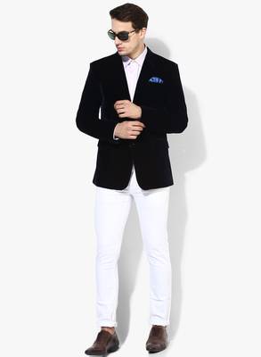 Blue Plain Velvet Stitched Men Blazers 4