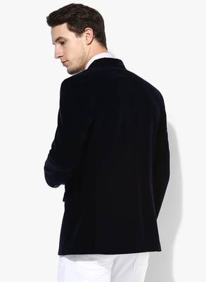 Blue Plain Velvet Stitched Men Blazers 5