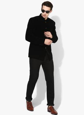 Black Plain Velvet Stitched Men Blazers 3