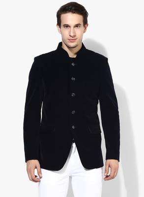 Blue Plain Velvet Stitched Men Blazers 1
