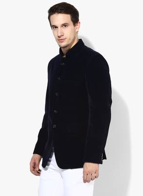 Blue Plain Velvet Stitched Men Blazers 2