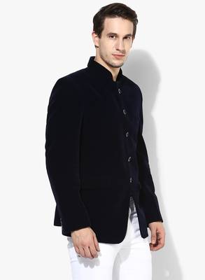 Blue Plain Velvet Stitched Men Blazers 3