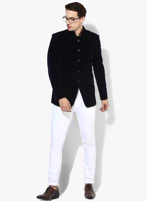 Blue Plain Velvet Stitched Men Blazers 4