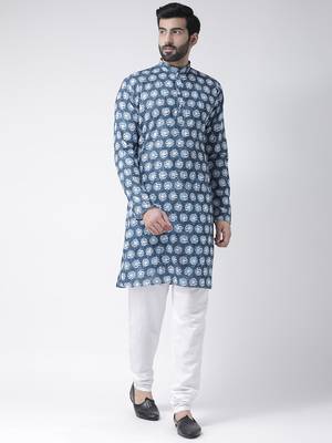 Blue Printed Cotton Stitched Kurta Pajama 1
