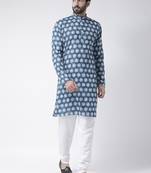 Blue Printed Cotton Stitched Kurta Pajama