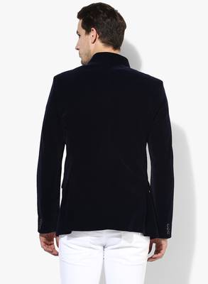Blue Plain Velvet Stitched Men Blazers 5