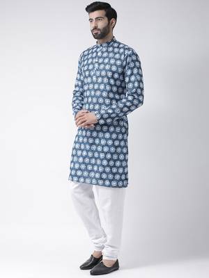Blue Printed Cotton Stitched Kurta Pajama 2