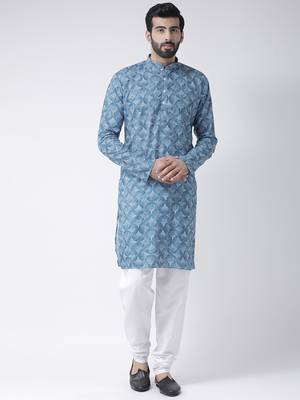 Blue Printed Cotton Stitched Kurta Pajama 1