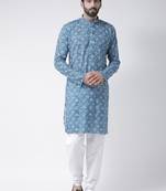 Blue Printed Cotton Stitched Kurta Pajama