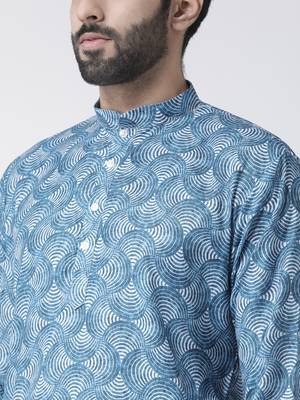 Blue Printed Cotton Stitched Kurta Pajama 5