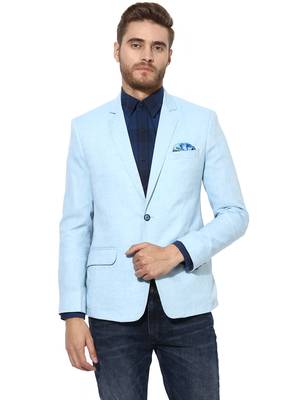 Blue Plain Linen Stitched Men Blazers 1