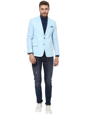 Blue Plain Linen Stitched Men Blazers 2