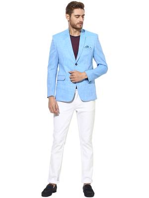 Blue Plain Linen Stitched Men Blazers 2