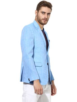 Blue Plain Linen Stitched Men Blazers 3