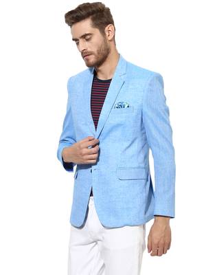 Blue Plain Linen Stitched Men Blazers 4