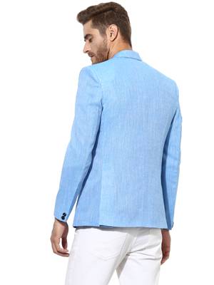 Blue Plain Linen Stitched Men Blazers 5