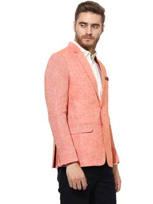 Orange Plain Linen Stitched Men Blazers 3