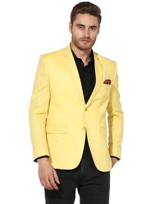 Yellow Plain Linen Stitched Men Blazers 1