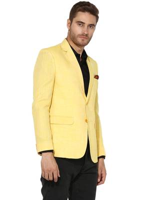 Yellow Plain Linen Stitched Men Blazers 3