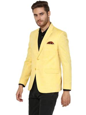 Yellow Plain Linen Stitched Men Blazers 4