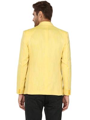 Yellow Plain Linen Stitched Men Blazers 5