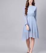 Blue Mandrain Collar Pleated Skater Dress