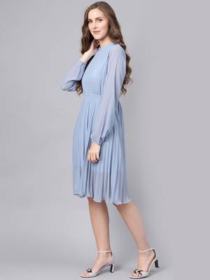 Blue Mandrain Collar Pleated Skater Dress 2