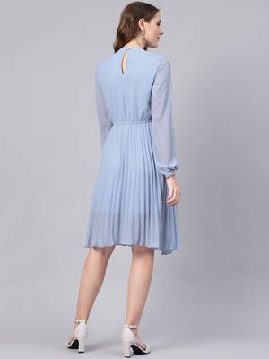 Blue Mandrain Collar Pleated Skater Dress 3