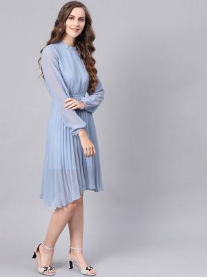 Blue Mandrain Collar Pleated Skater Dress 4
