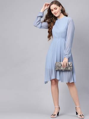 Blue Mandrain Collar Pleated Skater Dress 6