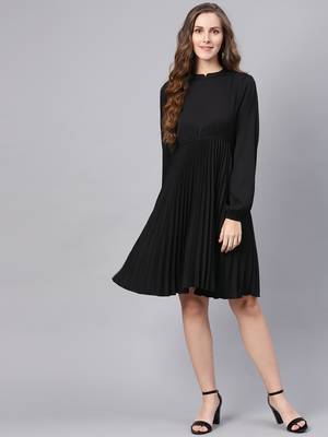 Black Mandrain Collar Pleated Skater Dress 1