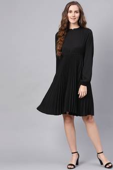 Black Mandrain Collar Pleated Skater Dress