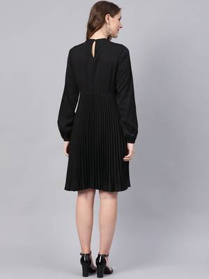 Black Mandrain Collar Pleated Skater Dress 3